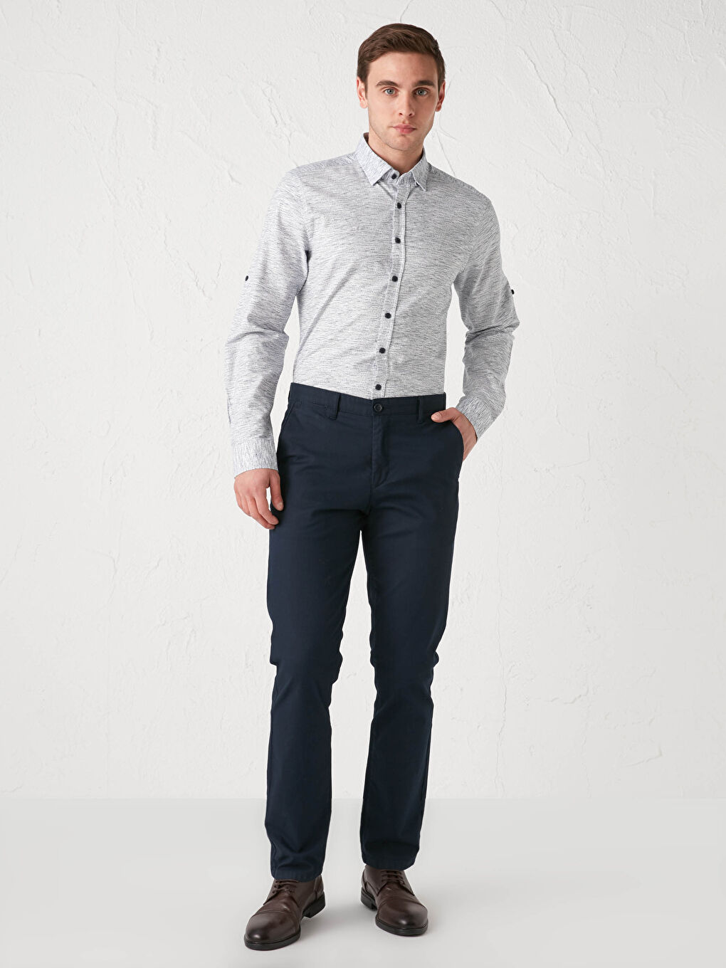 Lacivert Slim Fit Uzun Kollu Pamuklu Erkek Gömlek-2