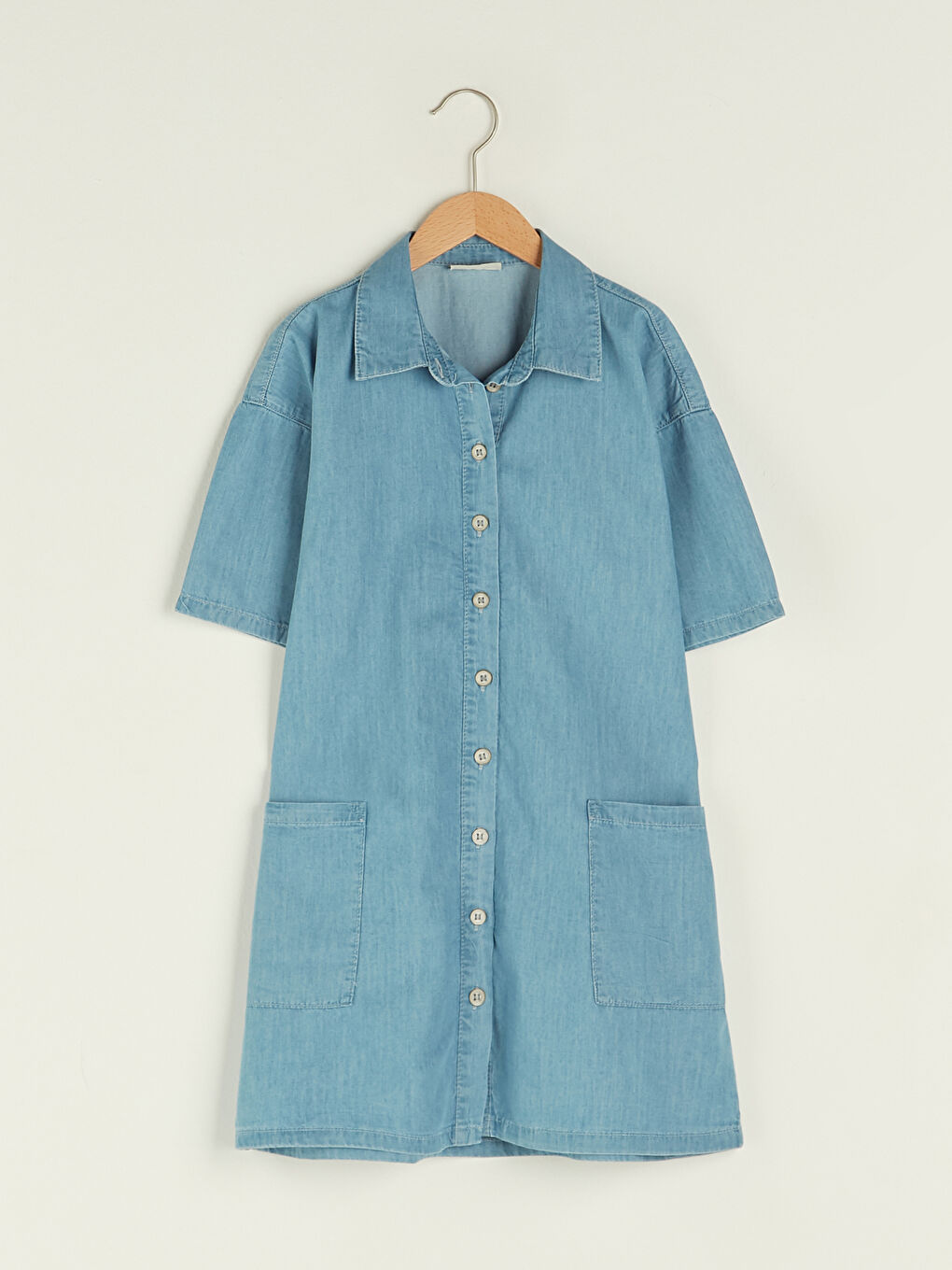 Basic Short Sleeve Shirt Collar Girl Jean Dress