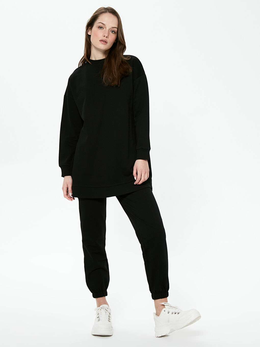 Siyah Kadın Bisiklet Yaka Düz Sweatshirt Tunik-2