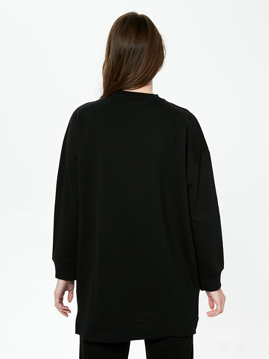 Siyah Kadın Bisiklet Yaka Düz Sweatshirt Tunik-3