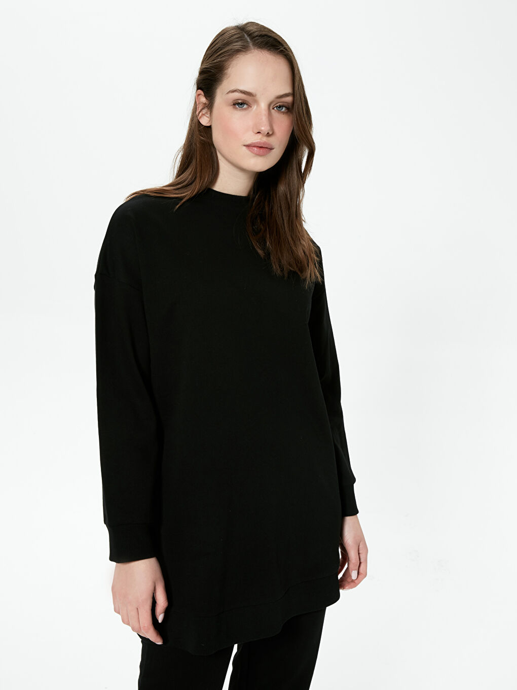 Siyah Kadın Bisiklet Yaka Düz Sweatshirt Tunik-4