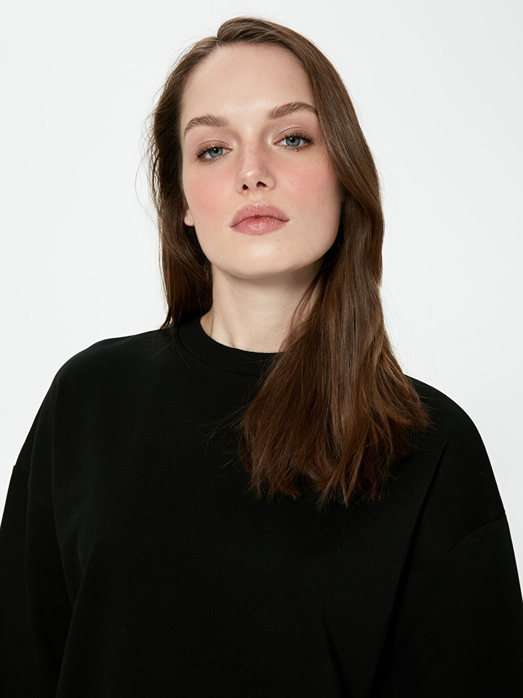 Siyah Kadın Bisiklet Yaka Düz Sweatshirt Tunik