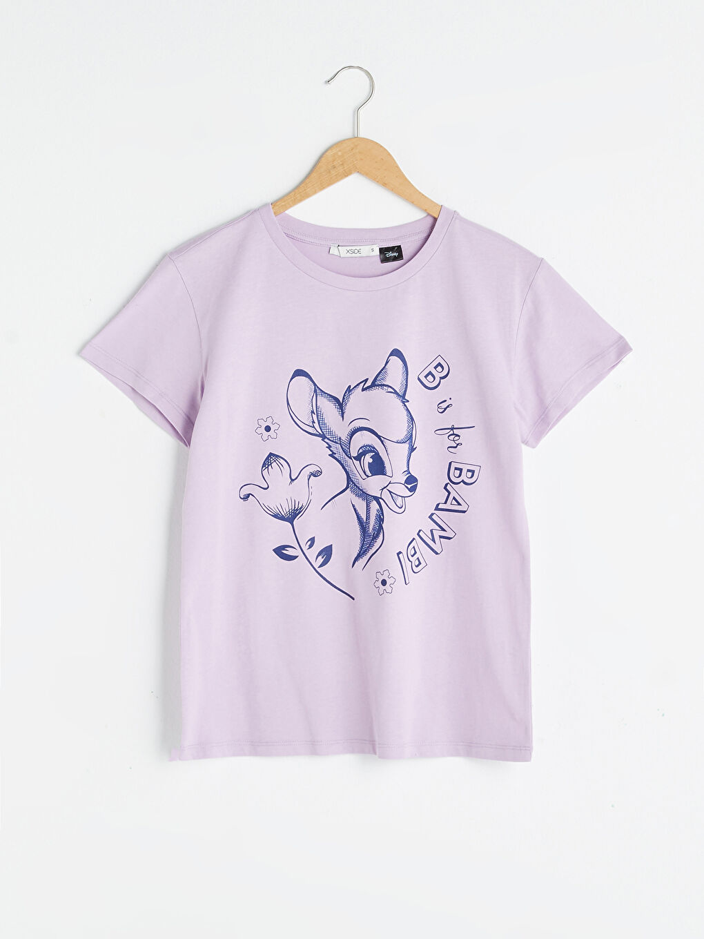 Lila Bisiklet Yaka Bambi Baskılı Kısa Kollu Pamuklu Kadın Tişört-1
