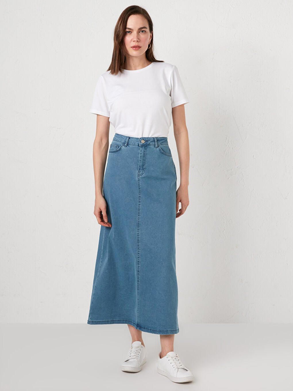 İndigo Cep Detaylı Uzun Kadın Jean Etek-1