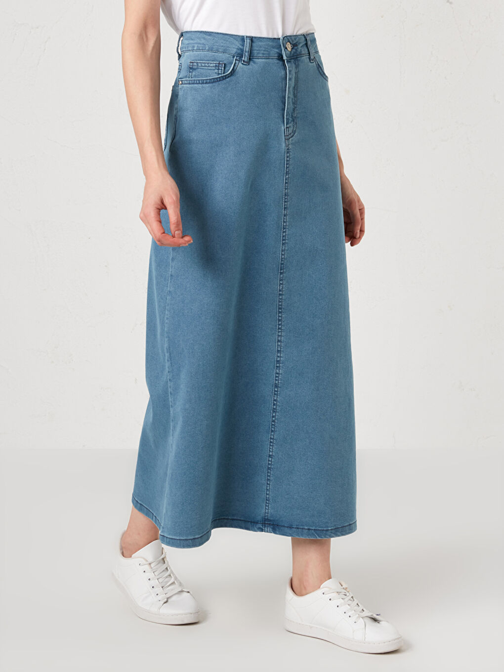 İndigo Cep Detaylı Uzun Kadın Jean Etek-2