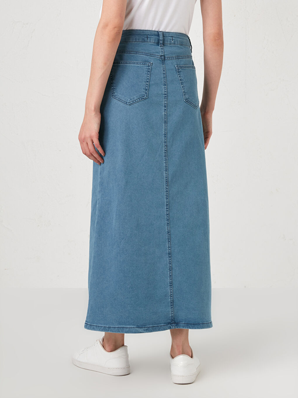 İndigo Cep Detaylı Uzun Kadın Jean Etek-3