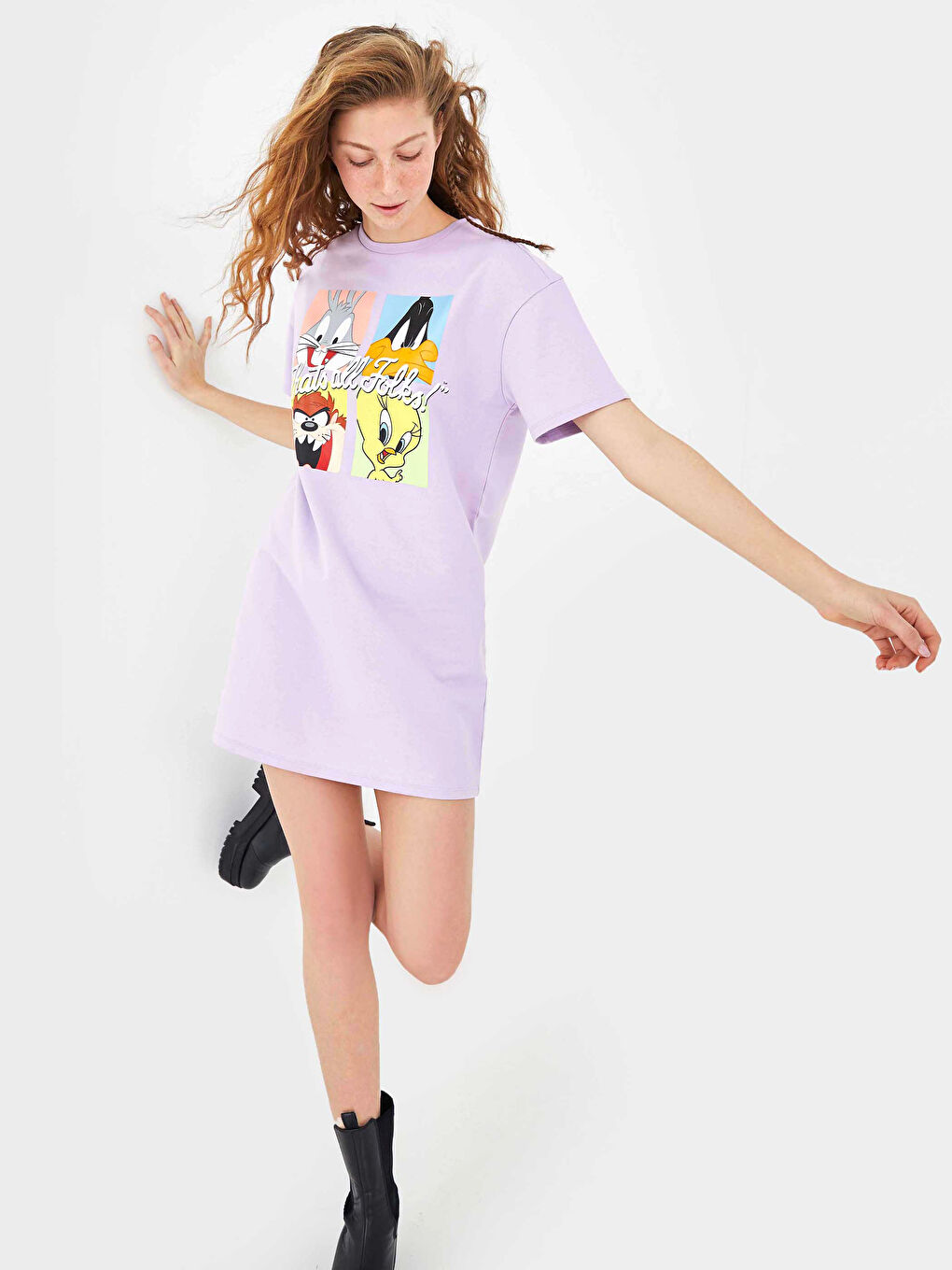 XSIDE Crew Neck Bugs Bunny Printed Short Sleeve Women's Dress -S1FE03Z8-G3W