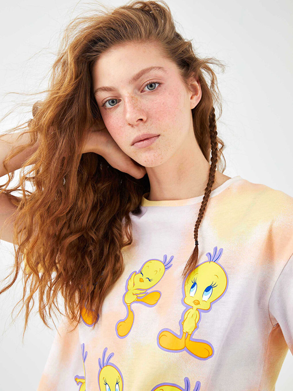 Mercan Bisiklet Yaka Tweety Baskılı Kısa Kollu Pamuklu Kadın Tişört-2