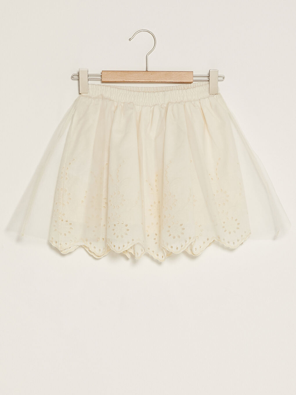 Ekru Beli Lastikli Nakışlı Poplin Kız Çocuk Kloş Etek
