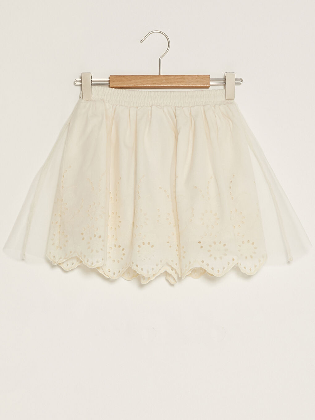Ekru Beli Lastikli Nakışlı Poplin Kız Çocuk Kloş Etek-1