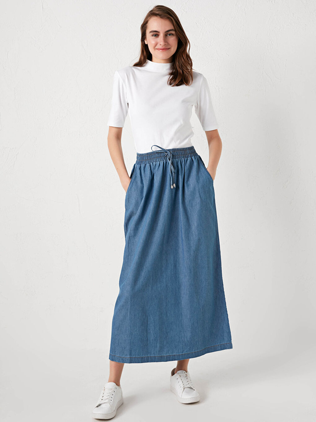 Φούστα Τζιν Γυναικεία με Λάστιχο στη Μέση, Δέσιμο και Τσέπες-1