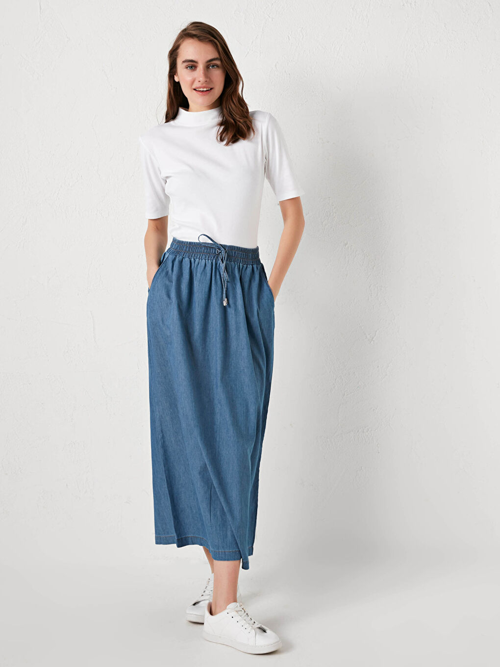 Φούστα Τζιν Γυναικεία με Λάστιχο στη Μέση, Δέσιμο και Τσέπες-2