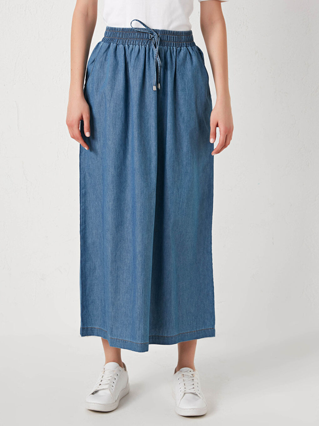 Φούστα Τζιν Γυναικεία με Λάστιχο στη Μέση, Δέσιμο και Τσέπες-3