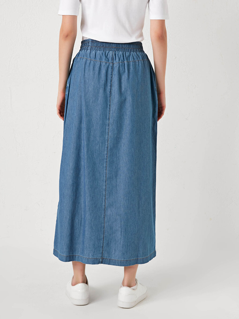 Φούστα Τζιν Γυναικεία με Λάστιχο στη Μέση, Δέσιμο και Τσέπες-4