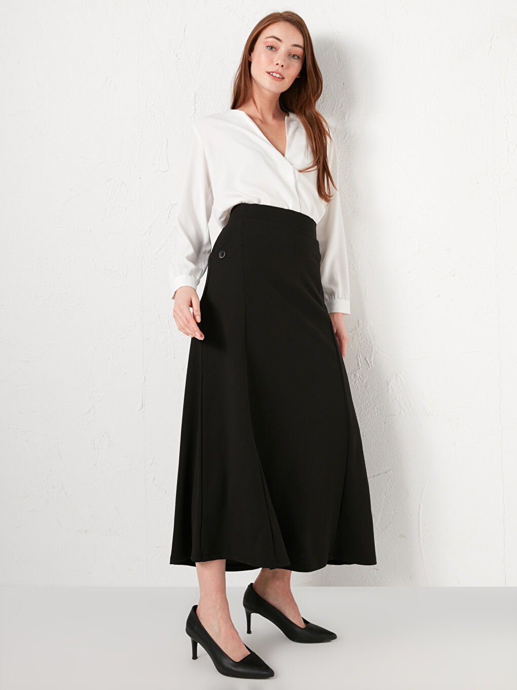 Elastic Waist Plain Crepe Fabric Women's Flared Skirt -S1FE35Z8-CVL