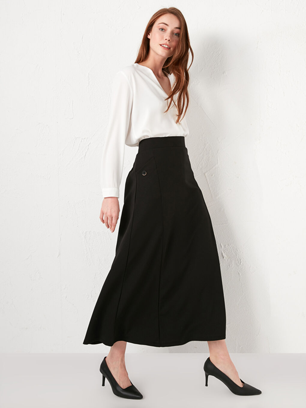 Elastic Waist Plain Crepe Fabric Women's Flared Skirt -S1FE35Z8-CVL