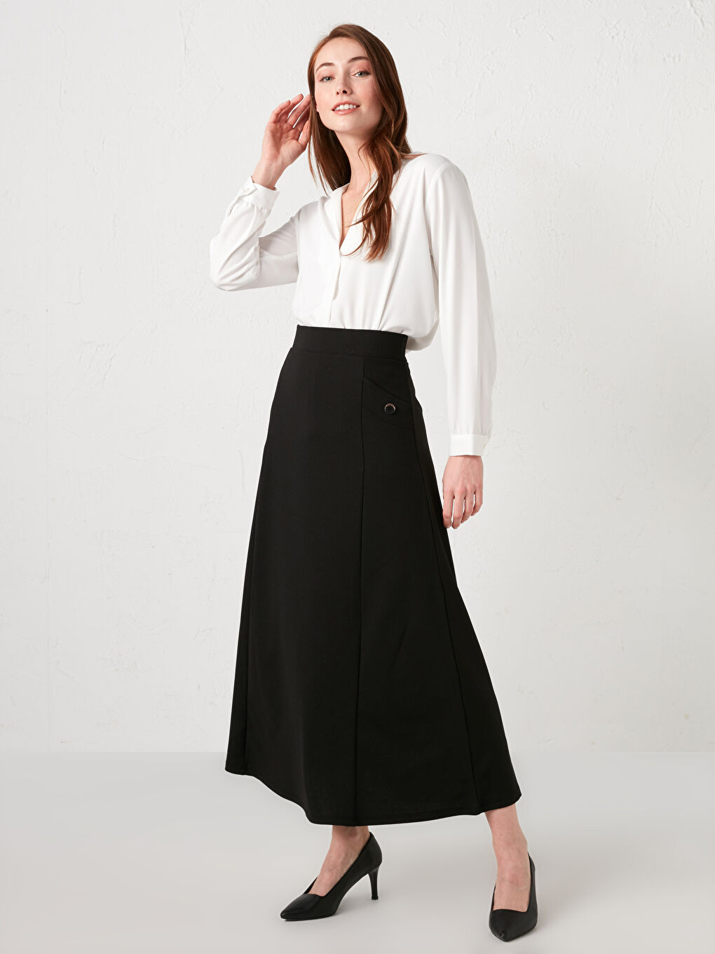 Elastic Waist Plain Crepe Fabric Women's Flared Skirt -S1FE35Z8-CVL