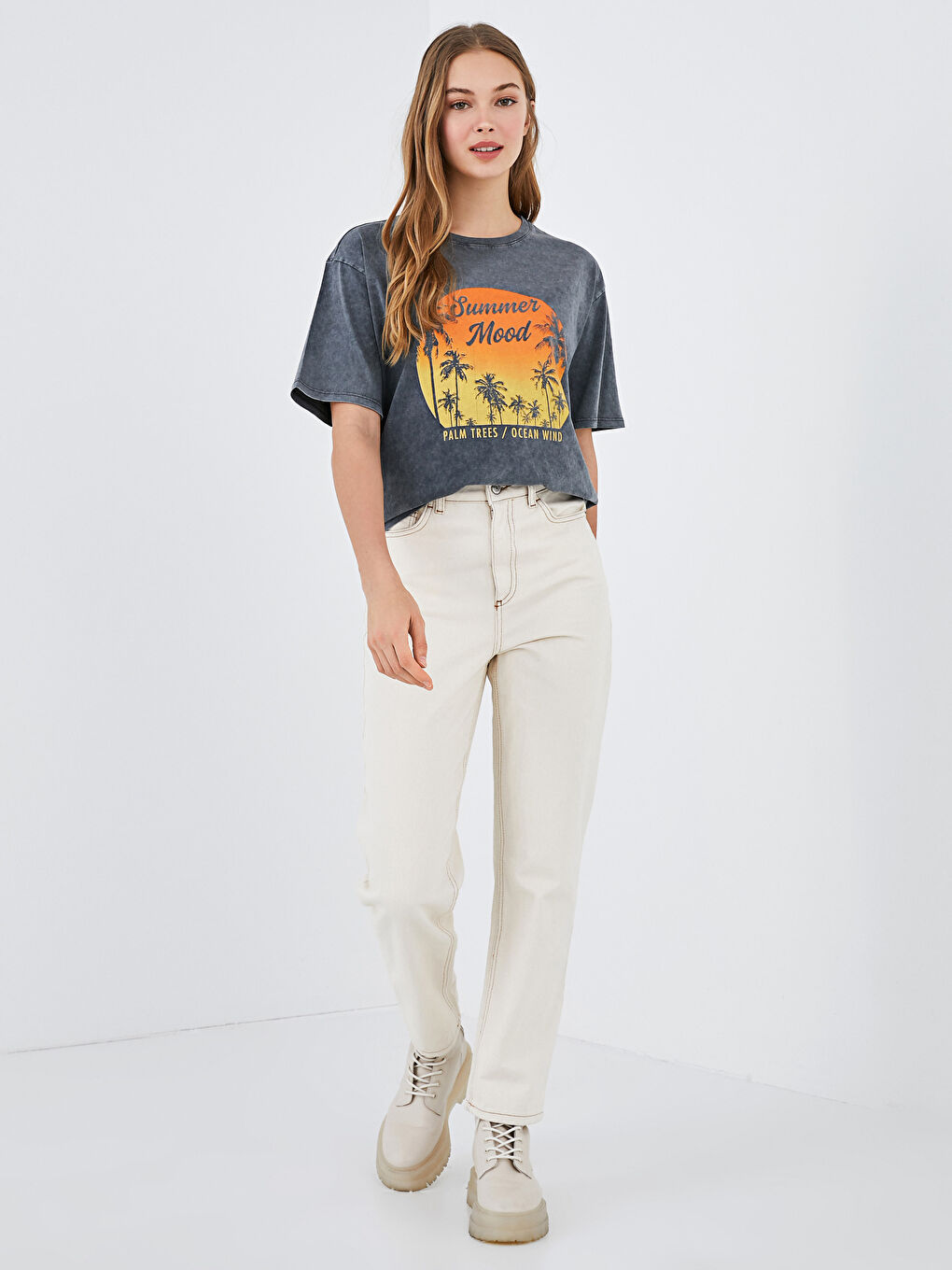 әйелдерге арналған принтті дөңгелек жағалы қысқа жең футболка-2