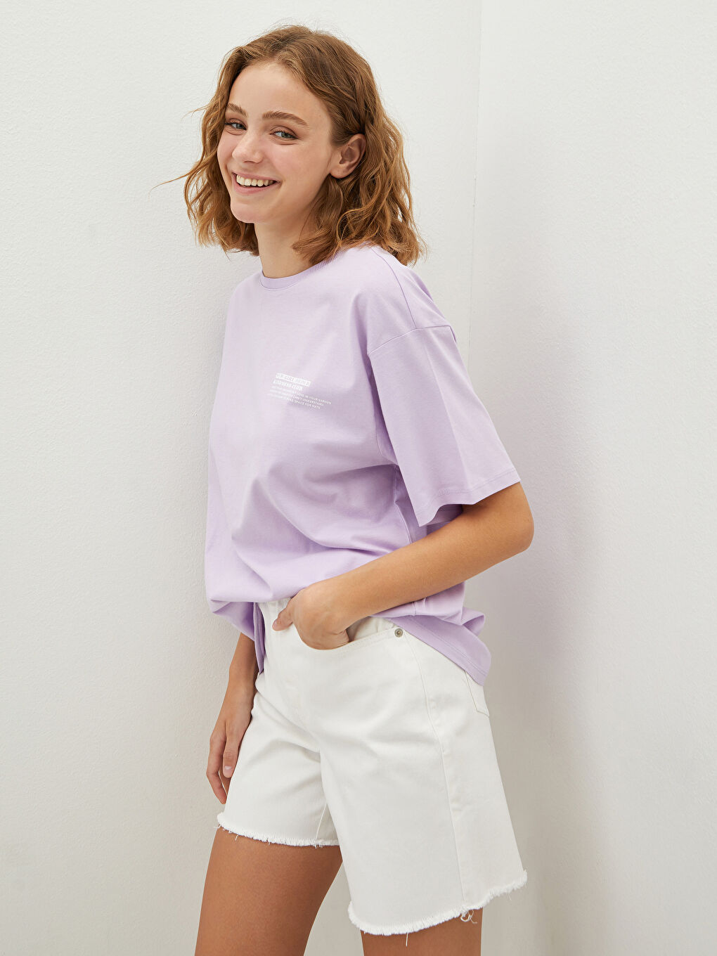 Lila Bisiklet Yaka Baskılı Kısa Kollu Kadın Tişört-1