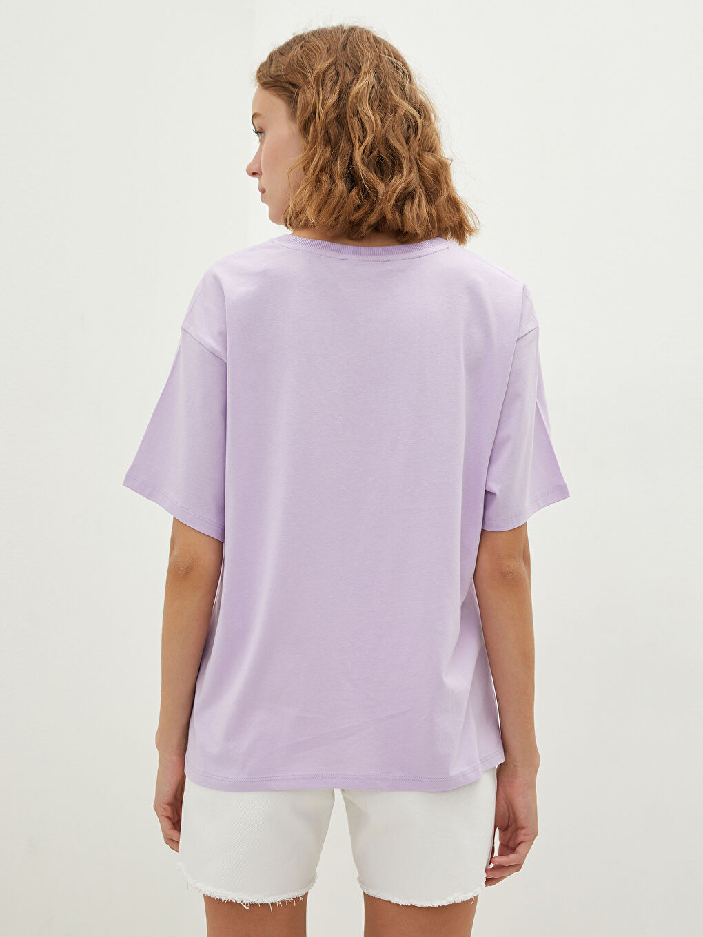 Lila Bisiklet Yaka Baskılı Kısa Kollu Kadın Tişört-4