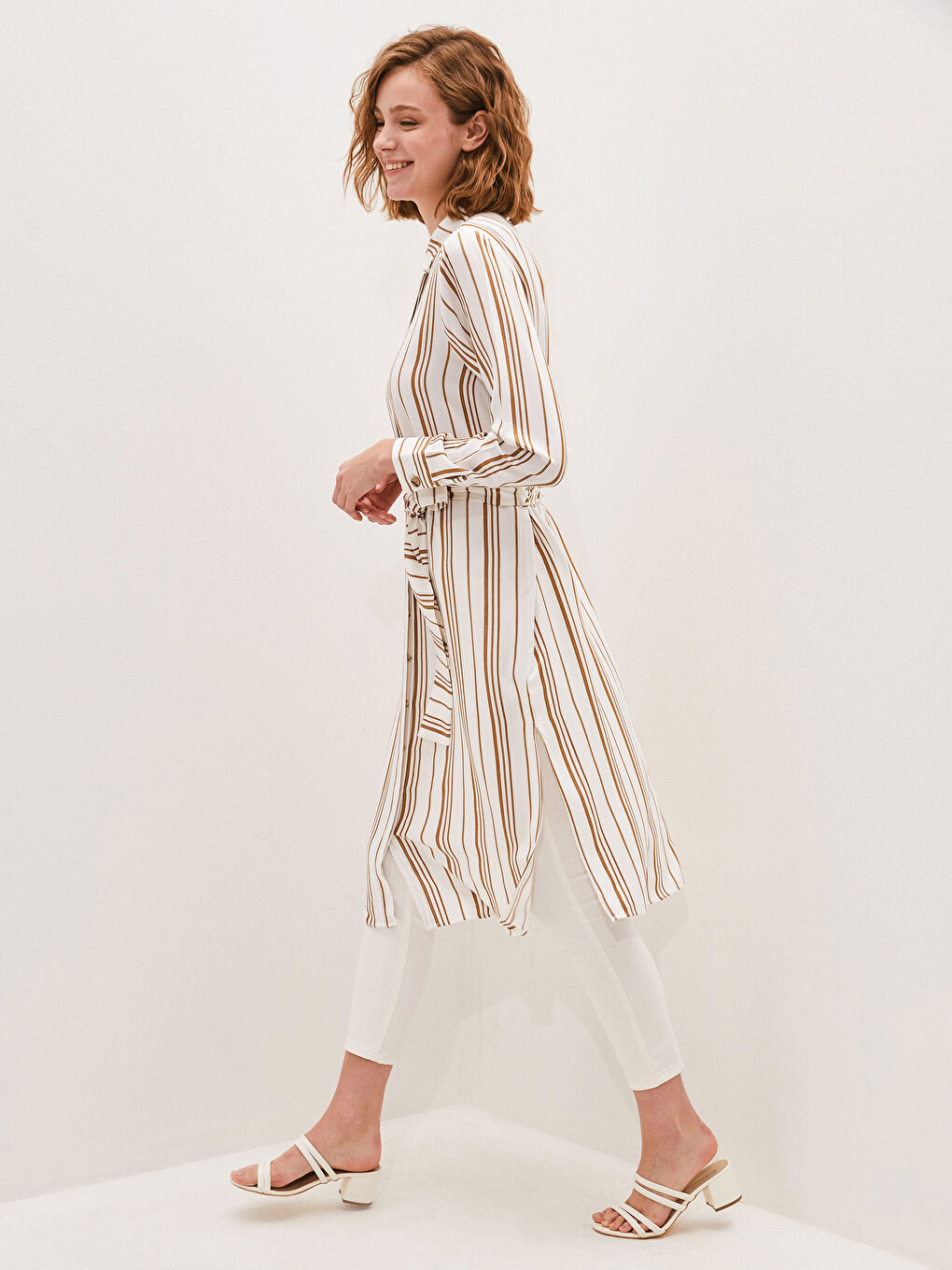 Ekru Çizgili Uzun Kollu Beli Kuşaklı Viskon Kadın Gömlek Tunik-1