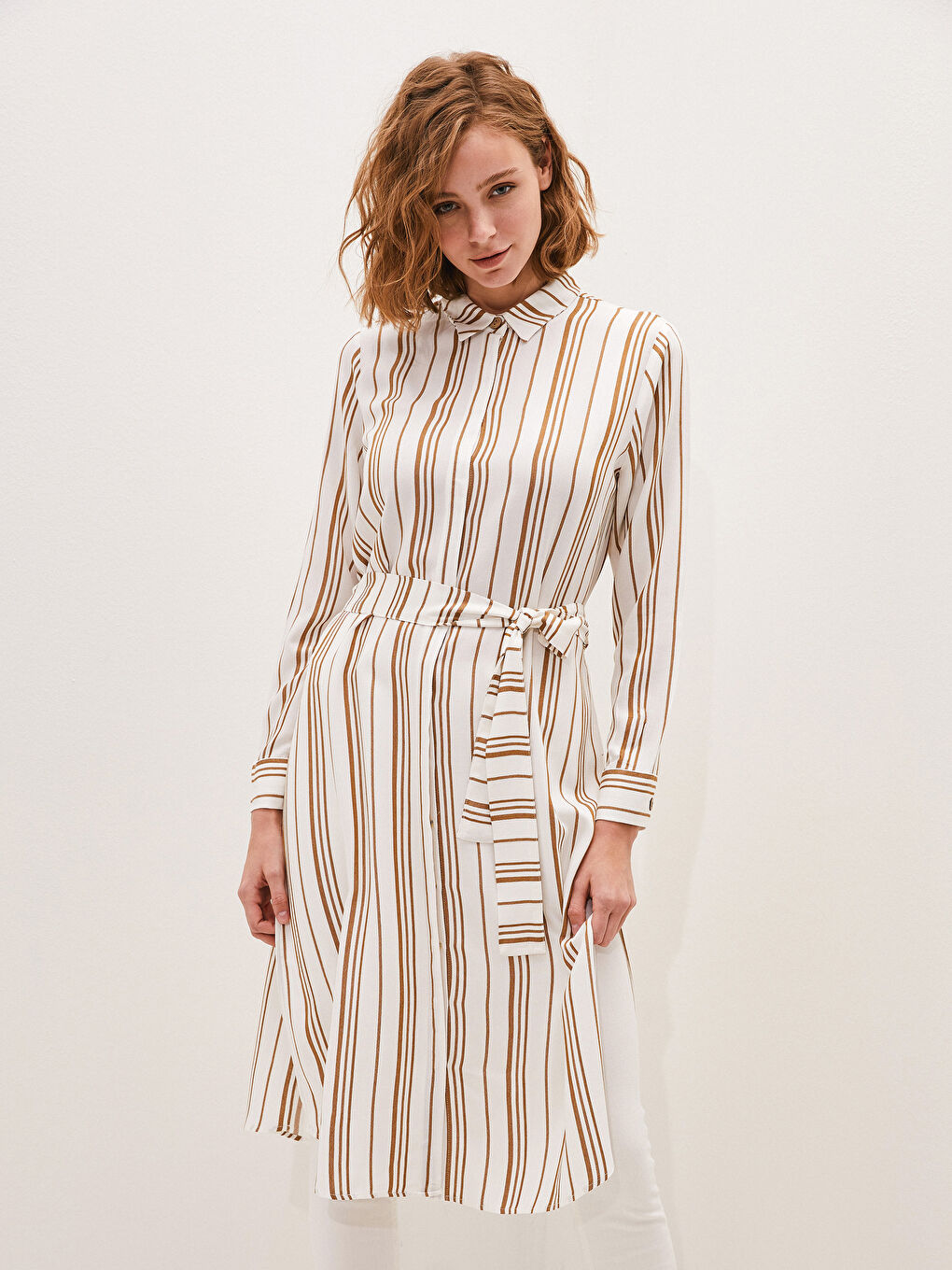 Ekru Çizgili Uzun Kollu Beli Kuşaklı Viskon Kadın Gömlek Tunik-2