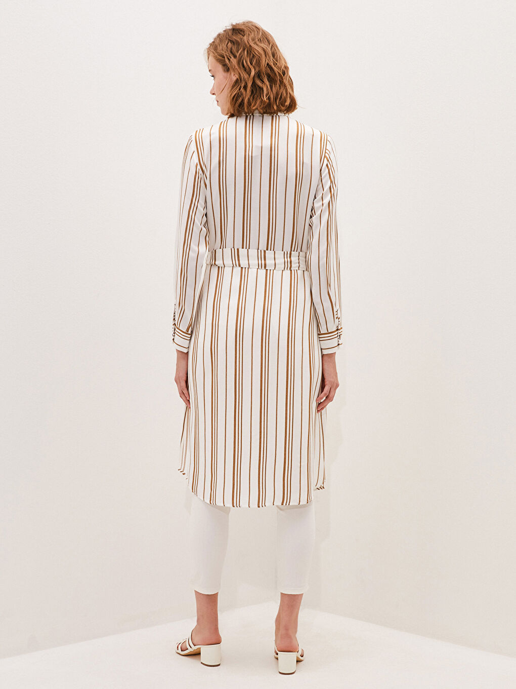 Ekru Çizgili Uzun Kollu Beli Kuşaklı Viskon Kadın Gömlek Tunik-3