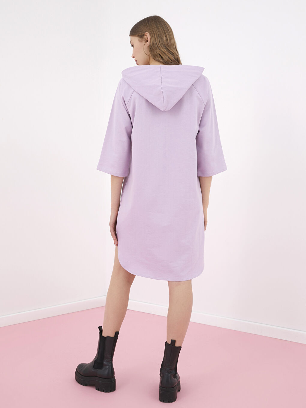 Lila Kapüşonlu Kısa Kollu Kadın Elbise-3