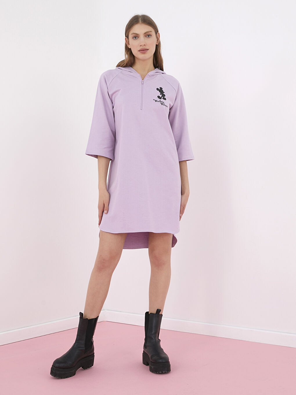 Lila Kapüşonlu Kısa Kollu Kadın Elbise-4