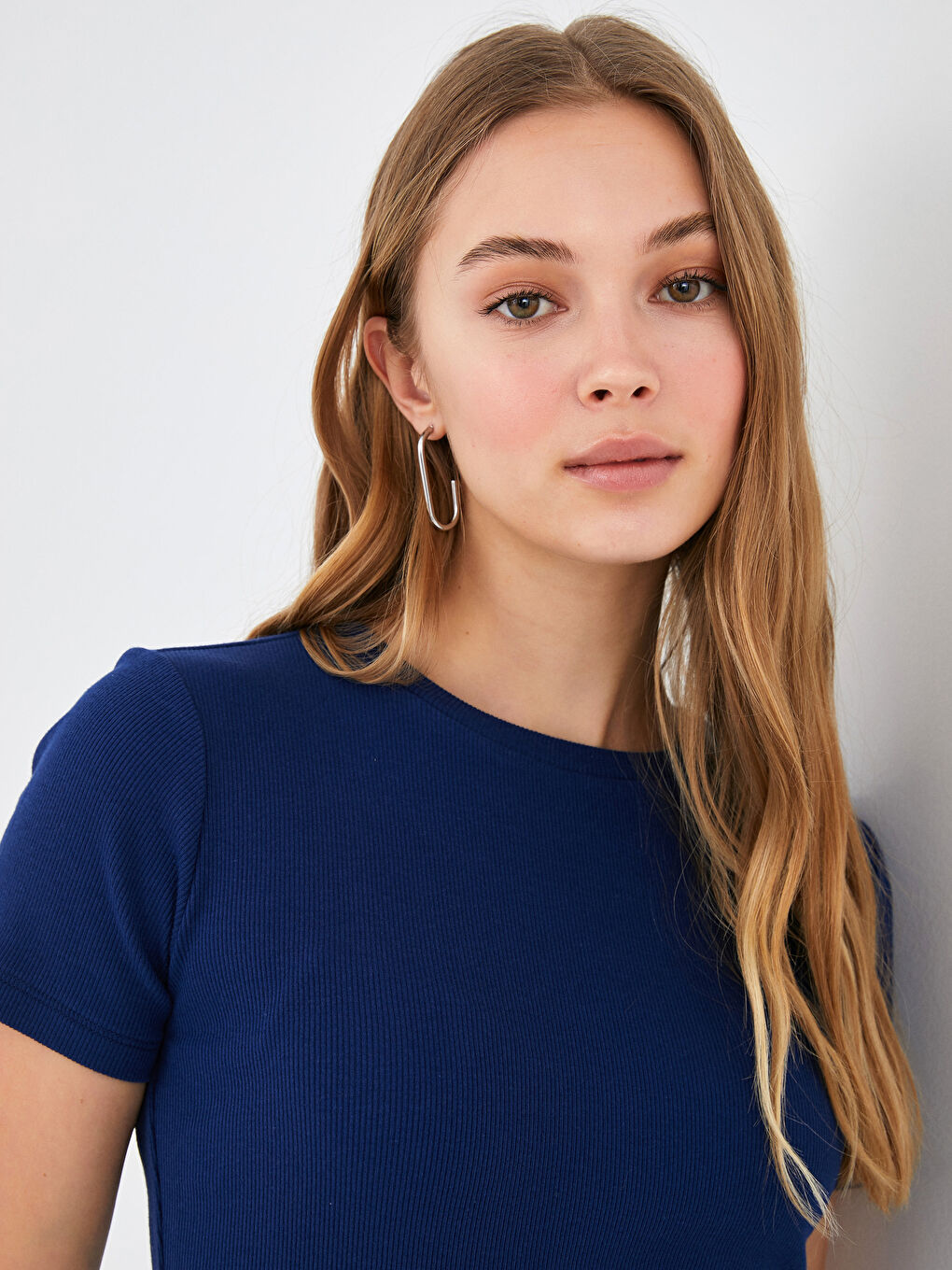 Robe Droite à Col Rond en Coton Côtelé à Manches Courtes-2