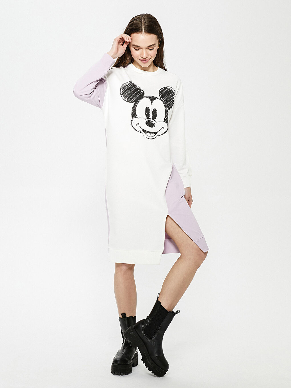Crew Neck Mickey Mouse Printed Color Block Long Sleeve Women's Dress-6