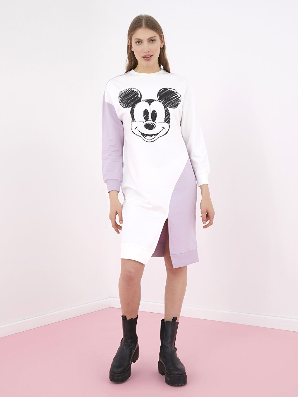 Crew Neck Mickey Mouse Printed Color Block Long Sleeve Women's Dress