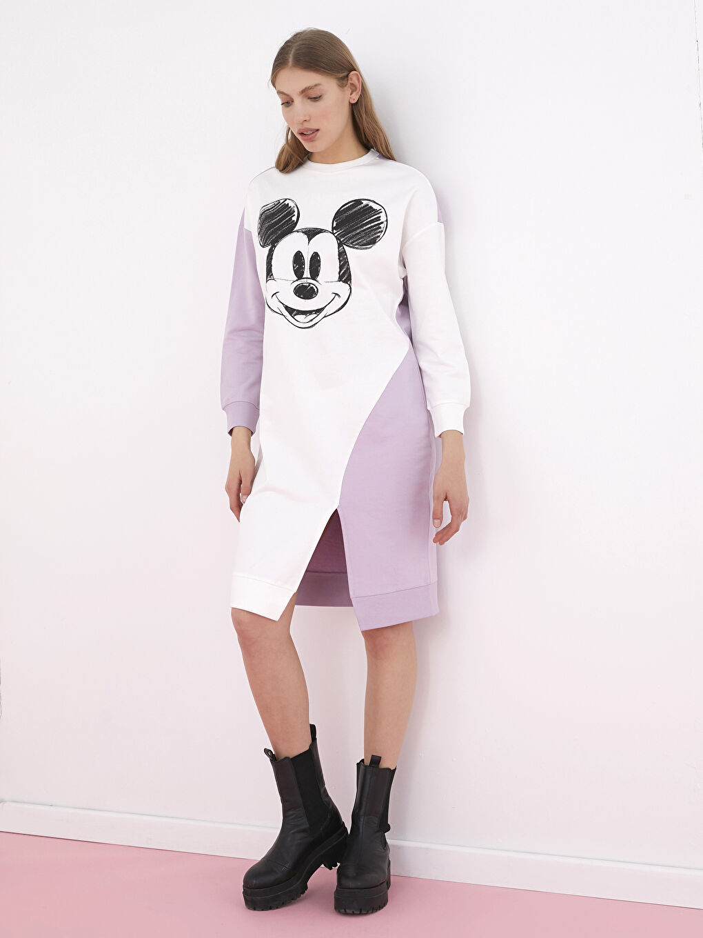 Crew Neck Mickey Mouse Printed Color Block Long Sleeve Women's Dress-1