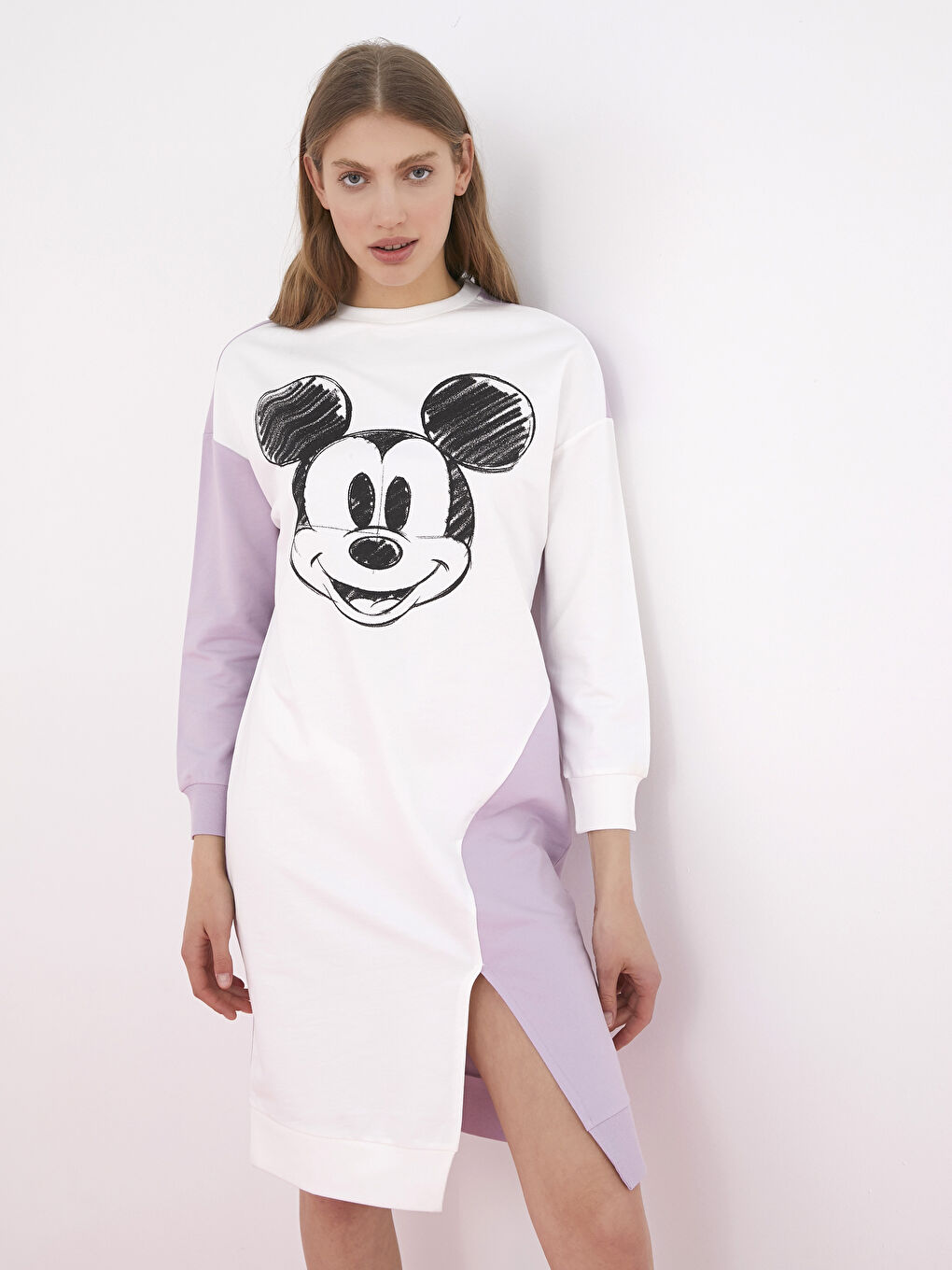 Crew Neck Mickey Mouse Printed Color Block Long Sleeve Women's Dress-2