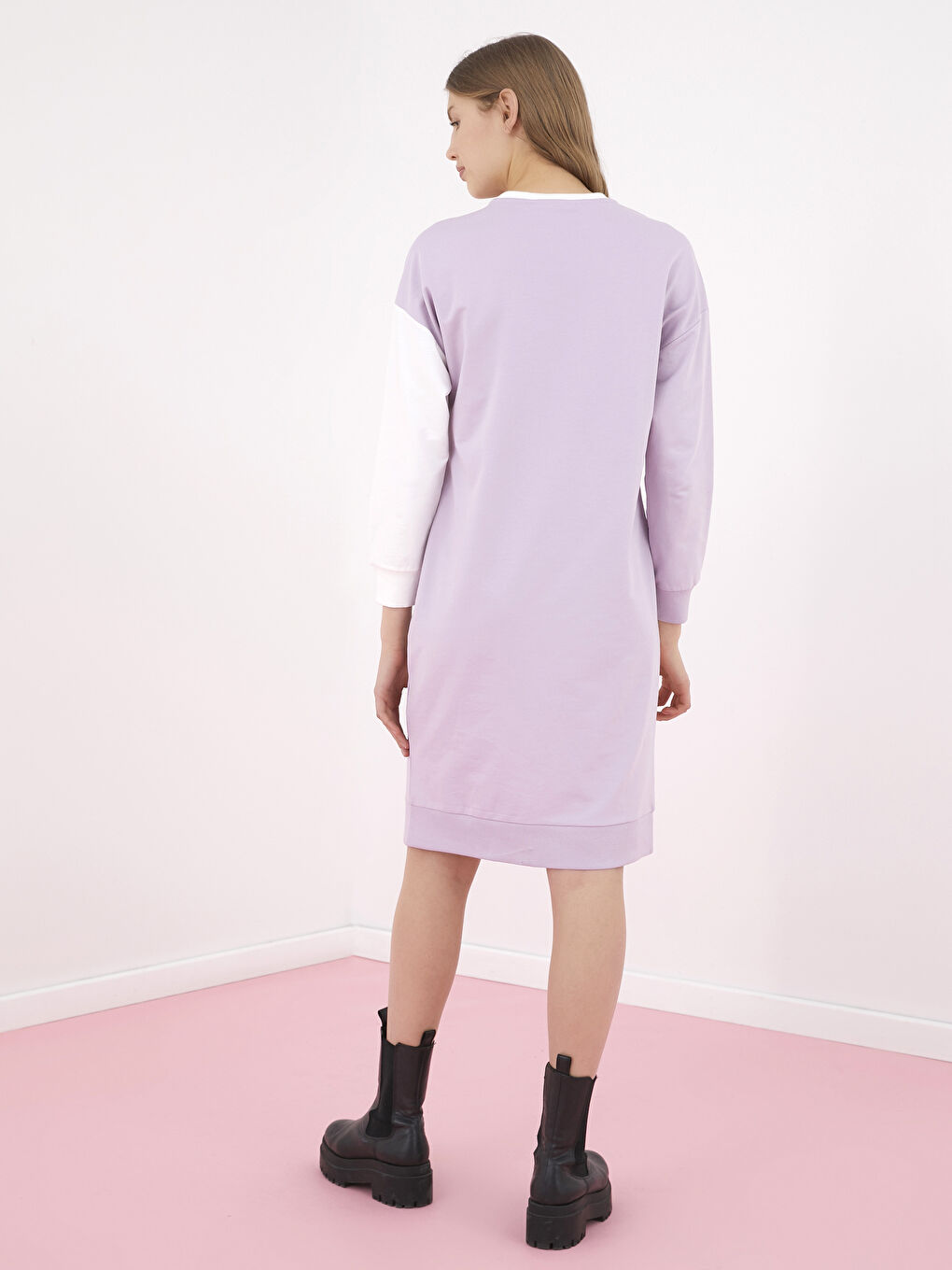 Crew Neck Mickey Mouse Printed Color Block Long Sleeve Women's Dress-4