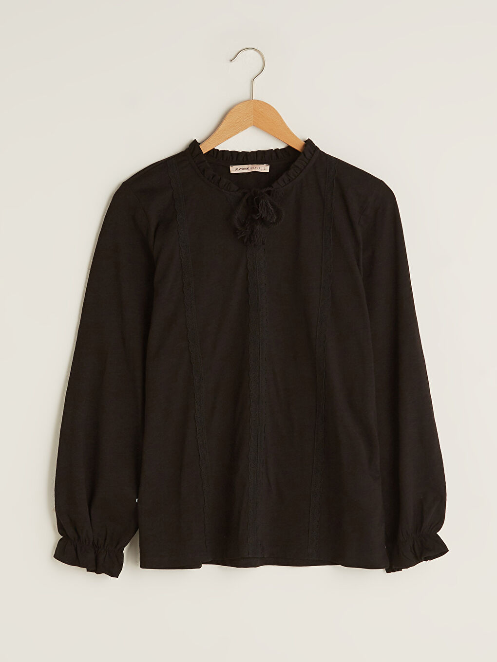 بلوزة قطنية للسيدات بأكمام طويلة مطرزة مع رقبة مربوطة مزينة بالكشكش-5