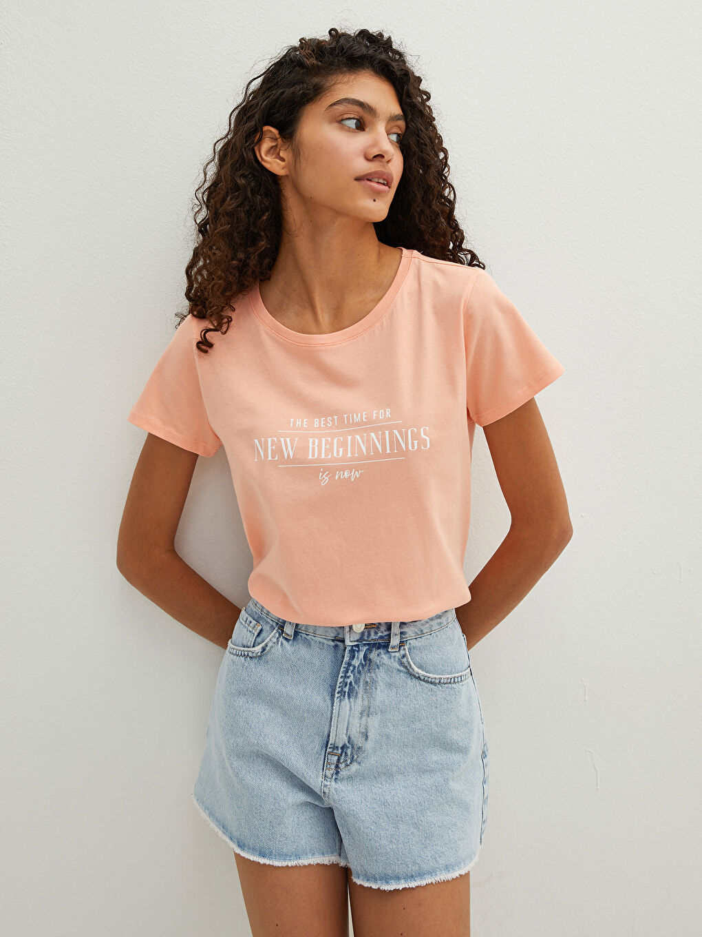 Tricou din Bumbac cu Mânecă Scurtă Imprimat și Guler Rotund pentru Femei-4