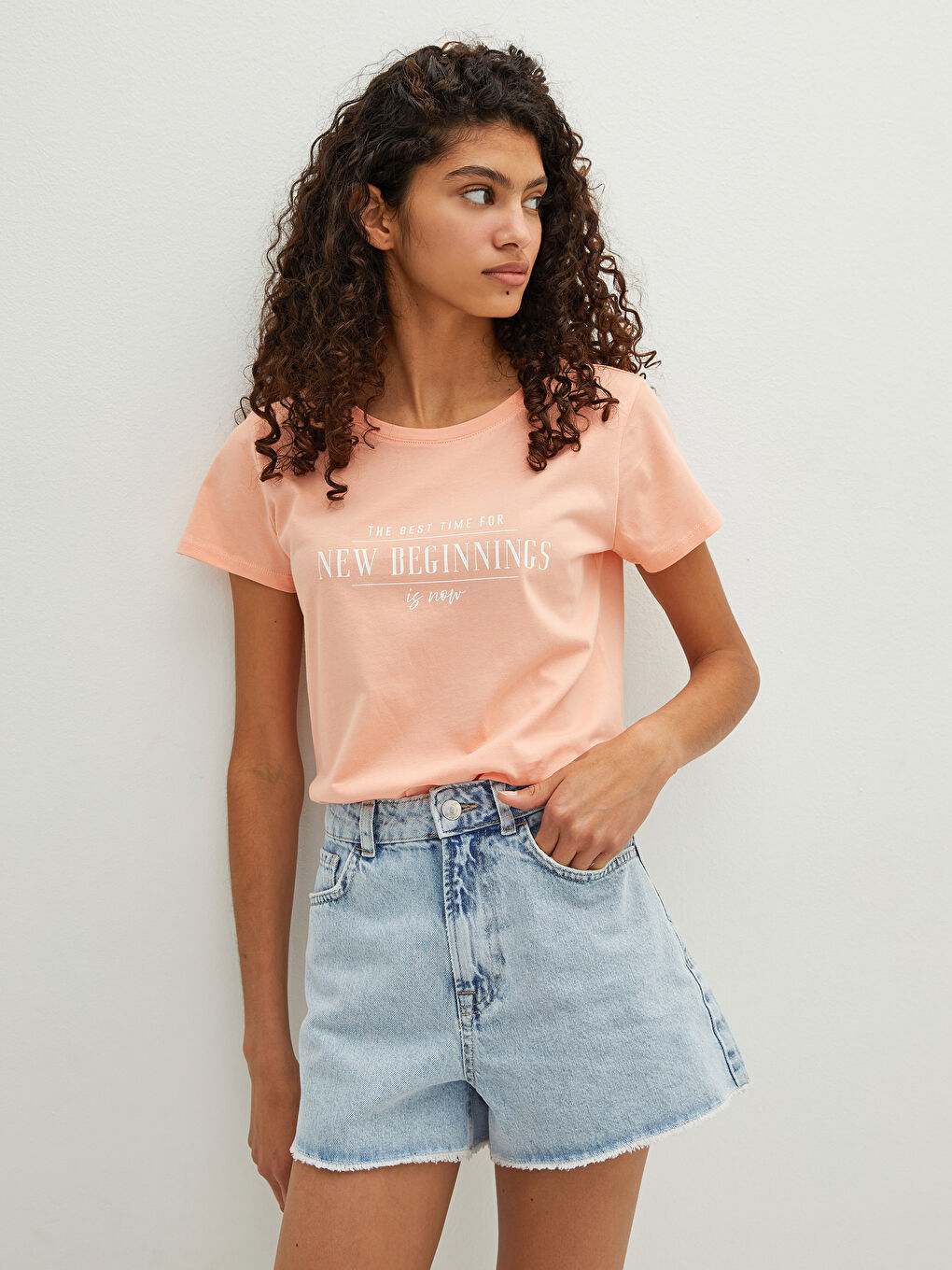 Tricou din Bumbac cu Mânecă Scurtă Imprimat și Guler Rotund pentru Femei