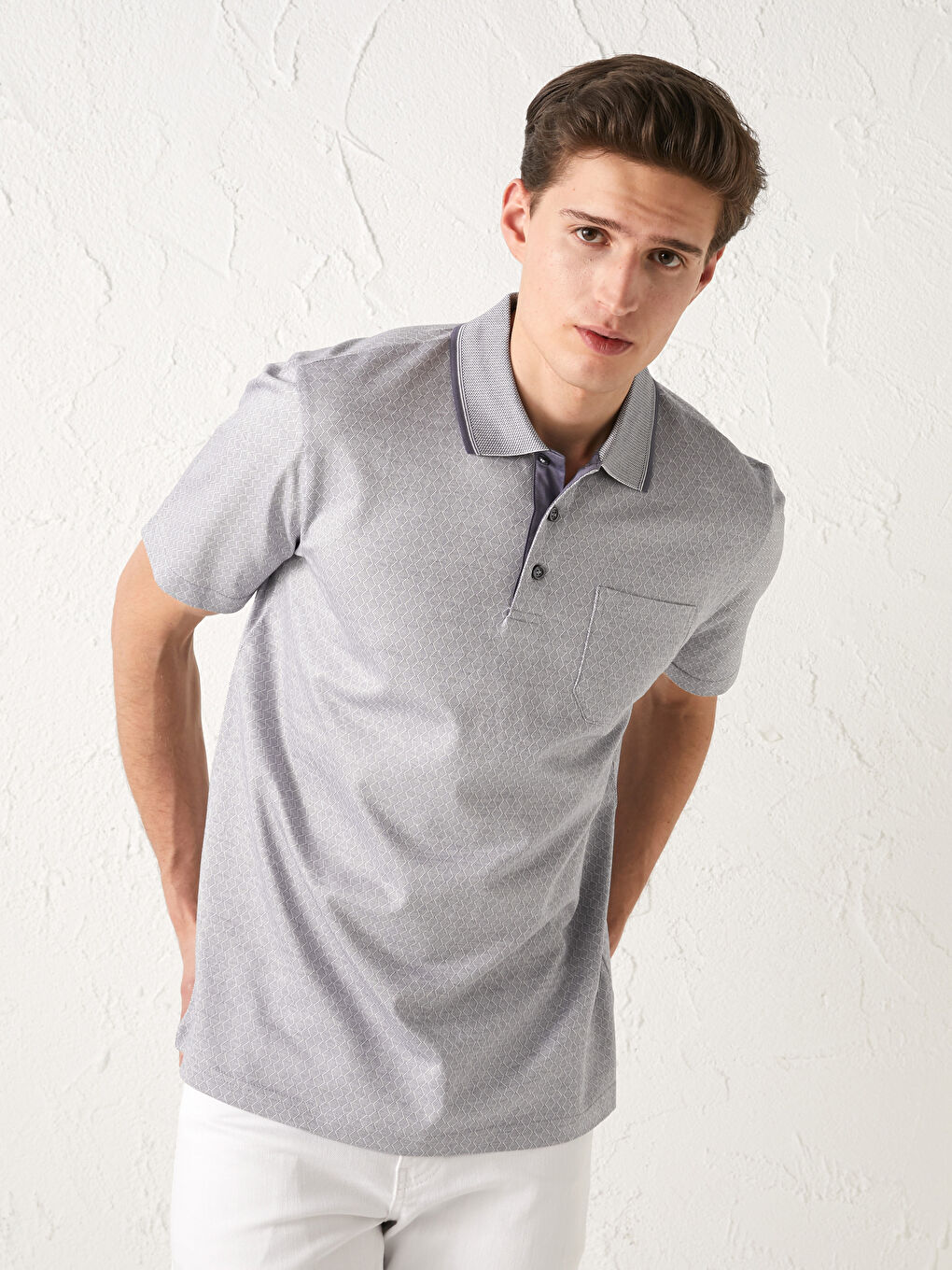 Gri Merserize Polo Yaka Kısa Kollu Desenli Erkek Tişört-1