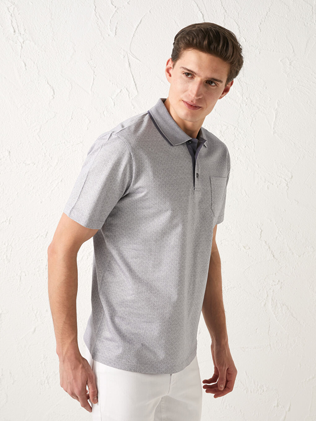 Gri Merserize Polo Yaka Kısa Kollu Desenli Erkek Tişört-2