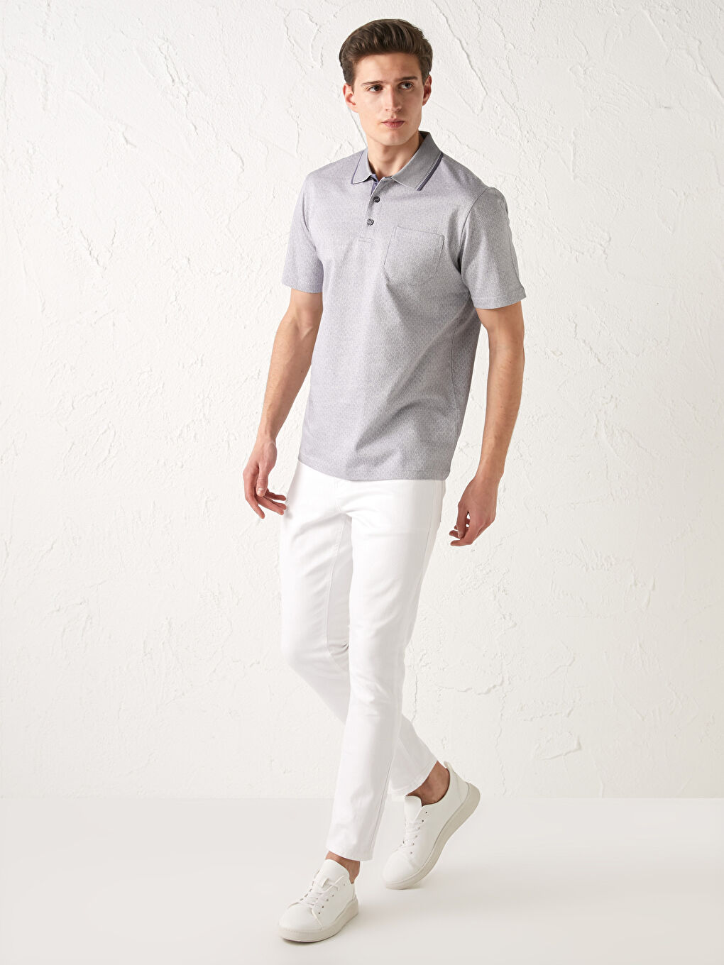 Gri Merserize Polo Yaka Kısa Kollu Desenli Erkek Tişört-3