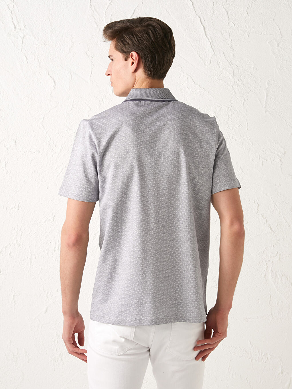 Gri Merserize Polo Yaka Kısa Kollu Desenli Erkek Tişört-5