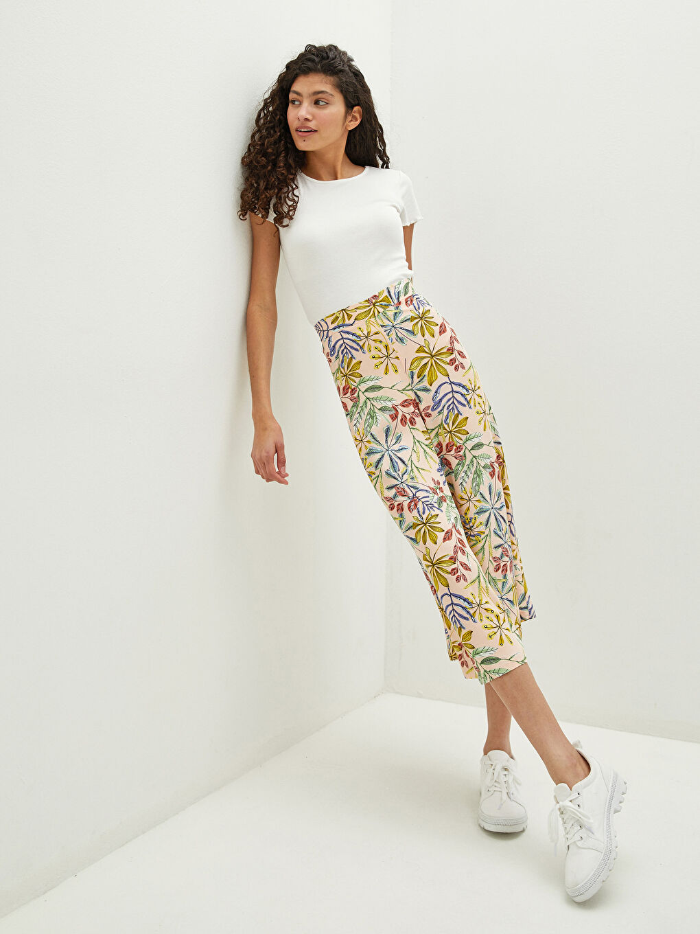 Taille Élastique Imprimé Jambe Large Popeline Pantalon Capri pour Femmes-4