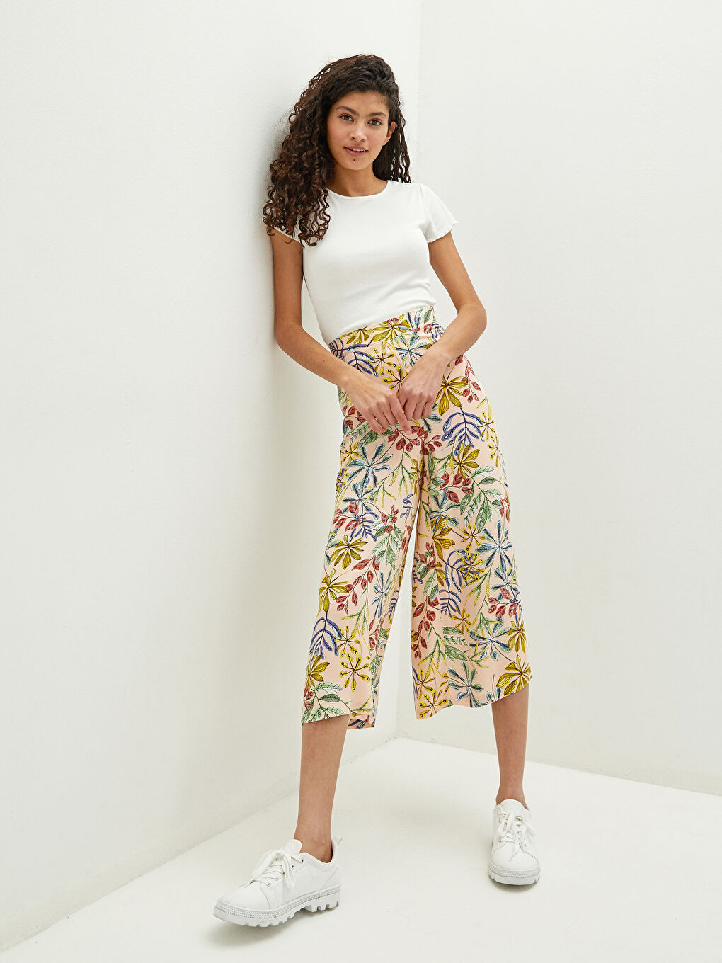 Taille Élastique Imprimé Jambe Large Popeline Pantalon Capri pour Femmes