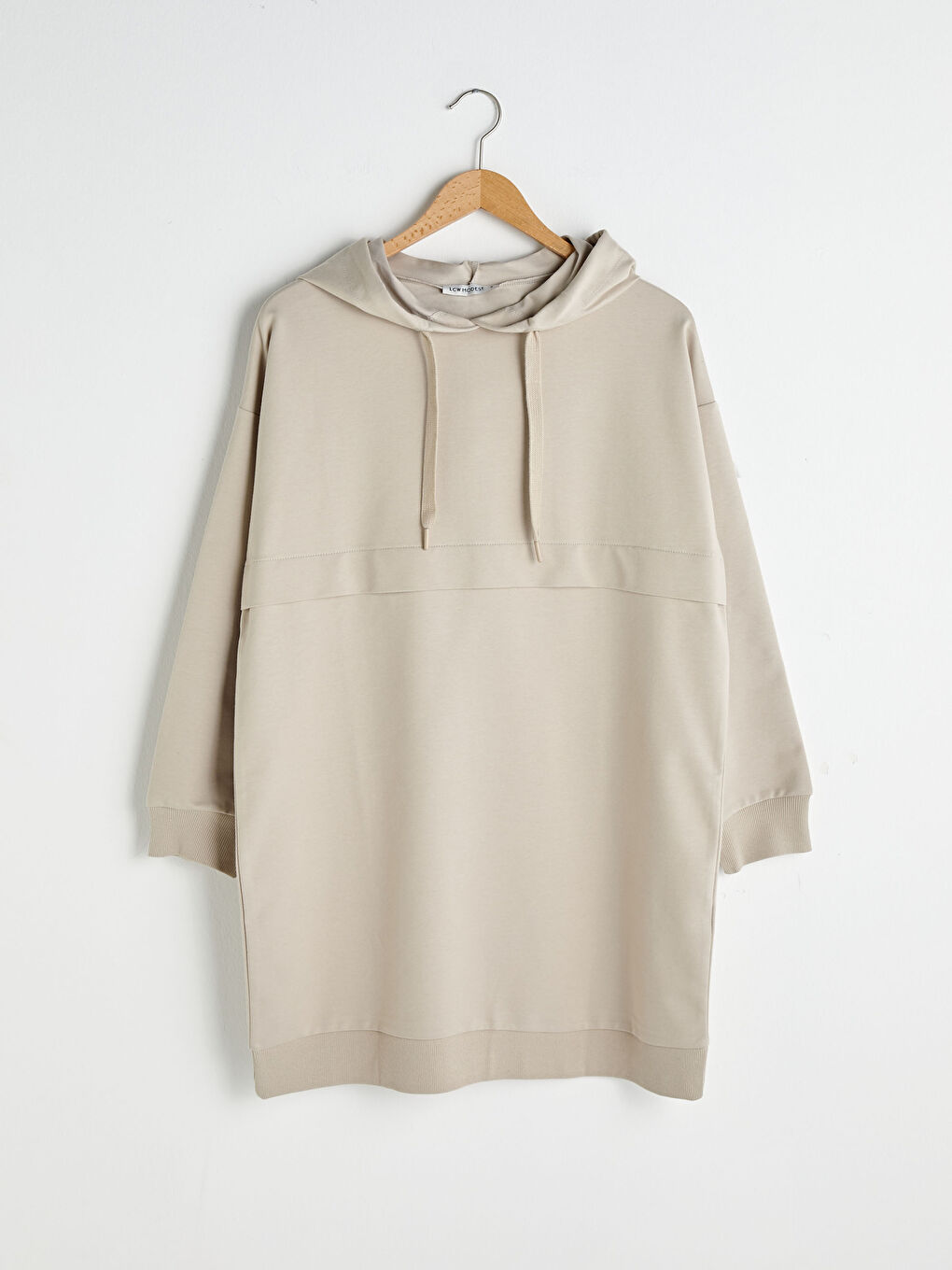 Bej Kapüşon Yaka Düz Uzun Kollu Kadın Sweatshirt Tunik-6