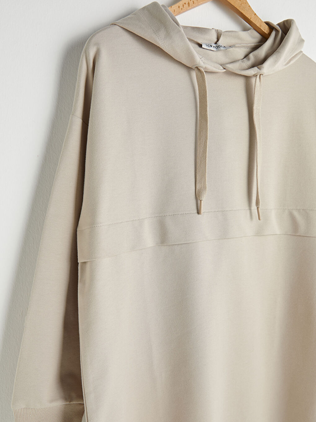 Bej Kapüşon Yaka Düz Uzun Kollu Kadın Sweatshirt Tunik-7