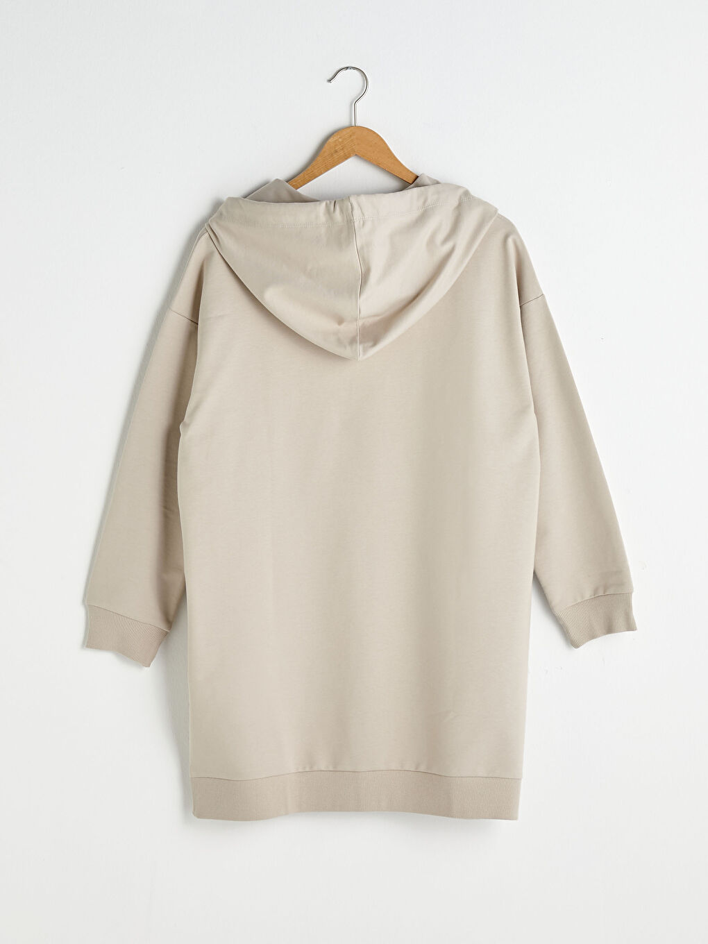 Bej Kapüşon Yaka Düz Uzun Kollu Kadın Sweatshirt Tunik-8