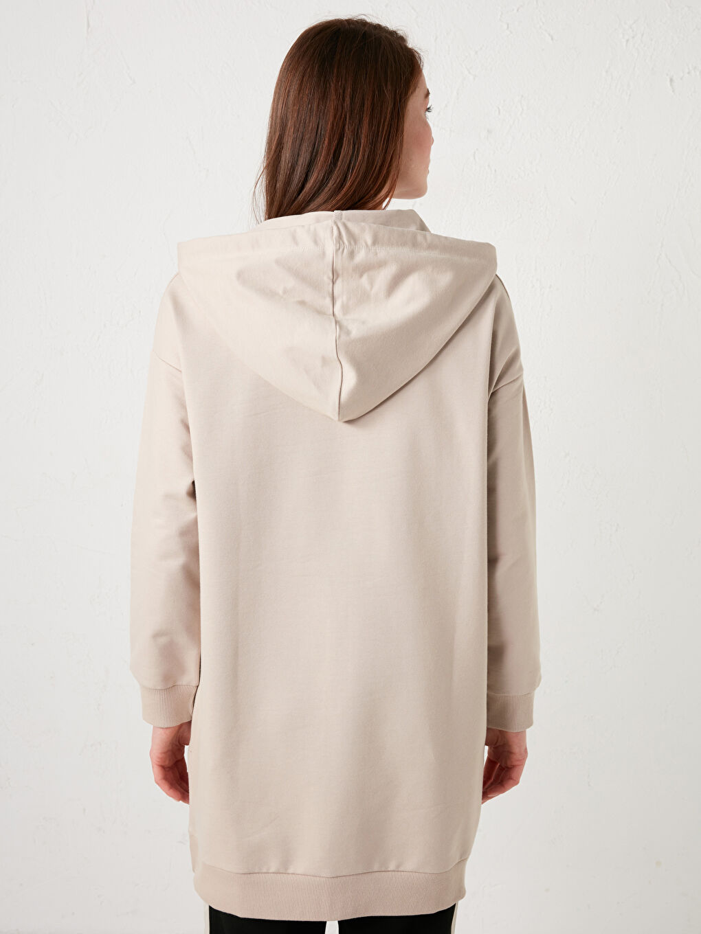 Bej Kapüşon Yaka Düz Uzun Kollu Kadın Sweatshirt Tunik-4