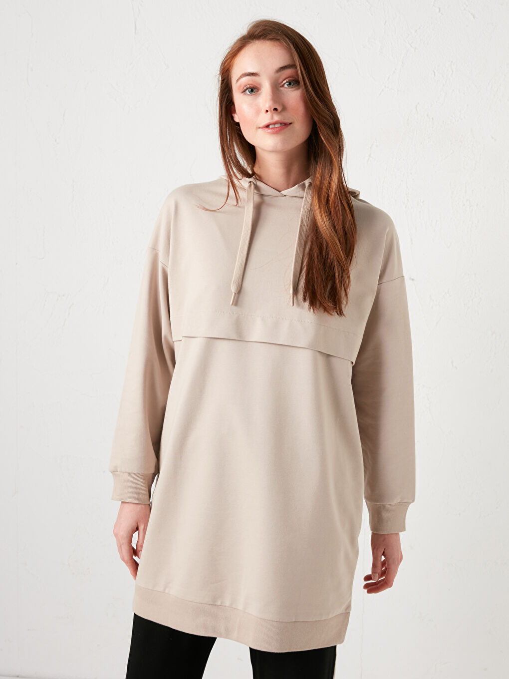 Bej Kapüşon Yaka Düz Uzun Kollu Kadın Sweatshirt Tunik-5