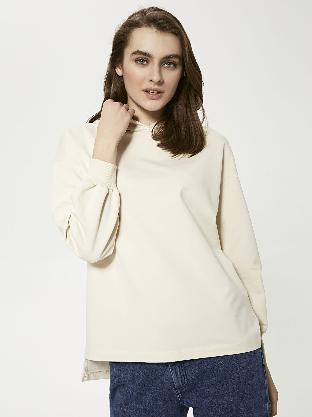 Ekru Kapüşon Yaka Düz Uzun Kollu Kadın Sweatshirt Tunik-1